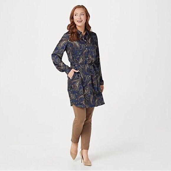 Susan Graver Regular Printed Woven Button-Front Duster w/ Belt - Picture 2 of 16